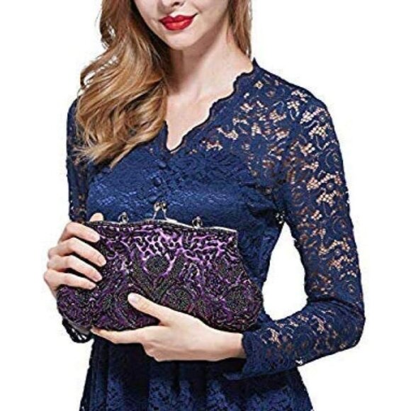 BEADED Sequin Flower Clutch Bag Purple - Picture 7 of 7